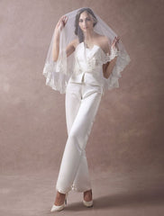 Wedding Jumpsuits Ivory Strapless Peplum Satin Bow Sash Long Bridal Jumpsuits Exclusive