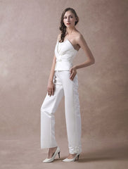 Wedding Jumpsuits Ivory Strapless Peplum Satin Bow Sash Long Bridal Jumpsuits Exclusive