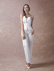 Wedding Jumpsuits Ivory Strapless Peplum Satin Bow Sash Long Bridal Jumpsuits Exclusive