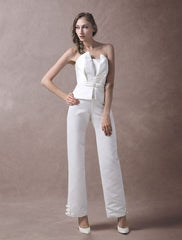 Wedding Jumpsuits Ivory Strapless Peplum Satin Bow Sash Long Bridal Jumpsuits Exclusive