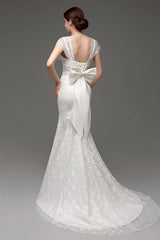 Mermaid Lace-Up Back Long White Wedding Dress with Bowknot