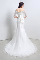Princess Off Shoulder Mermaid White Wedding Dress with Lace
