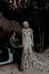 Long Sleeves Lace Boho Wedding Dresses Cheap Mermaid Bridal Gown