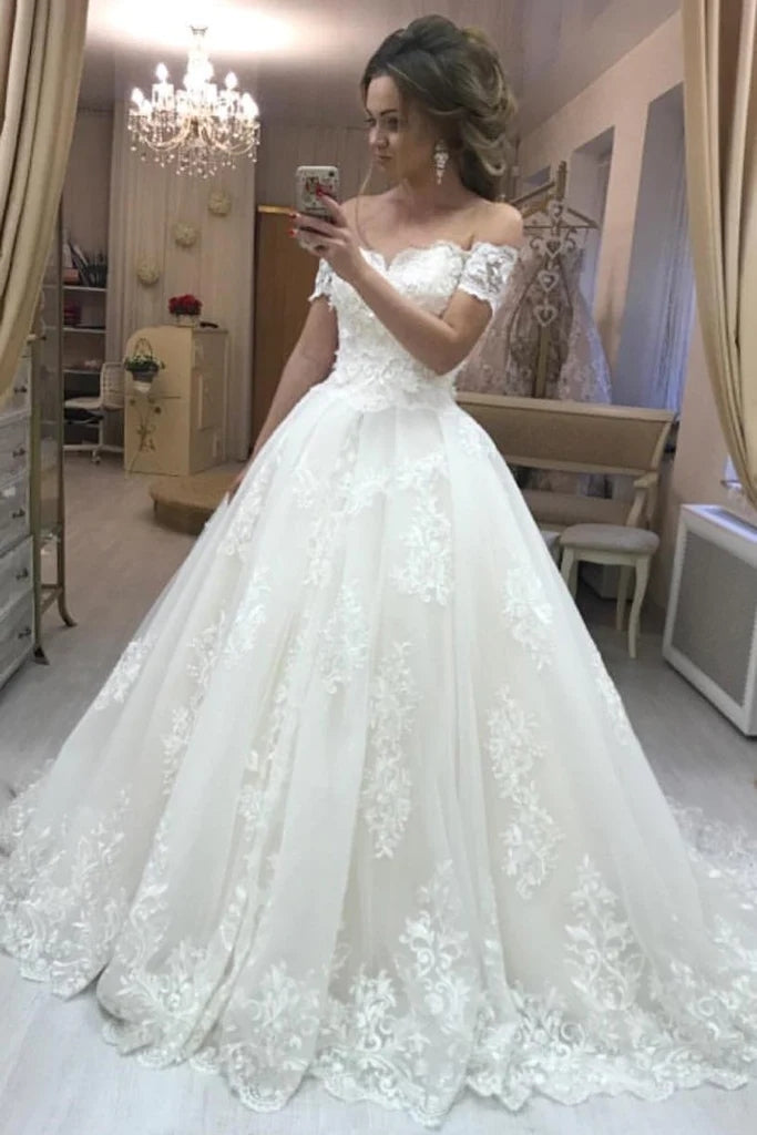Gorgeous A Line Off the Shoulder Lace Wedding Dresses Tulle Appliques Bridal Gown