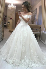 Gorgeous A Line Off the Shoulder Lace Wedding Dresses Tulle Appliques Bridal Gown