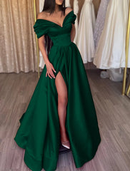 Aimishang A-Line Evening Gown Party Dress Sexy Dress Prom Birthday Floor Length Short Sleeve Off Shoulder Satin with Slit Pure Color