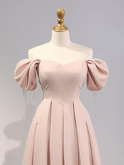 A-Line Puff Sleeves Satin Pink Long Prom Dress, Pink Long Bridesmaid Dress