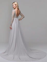 A-Line Luxurious Engagement Formal Evening Dress Illusion Neck V Back Low Back Long Sleeve Chapel Train Chiffon with Sequin Appliques 2024 / Illusion Sleeve