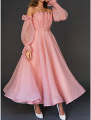 Women's Prom Dress Party Dress Homecoming Dress Long Dress Maxi Dress Pink Long Sleeve Pure Color Ruched Fall Winter Autumn Strapless Fashion Wedding Guest Birthday Evening Party