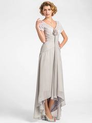 A-Line Mother of the Bride Dress Floral High Low V Neck Asymmetrical Chiffon Lace Short Sleeve with Flower