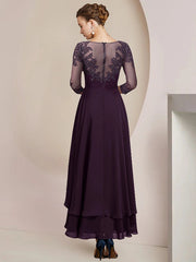 A-Line Mother of the Bride Dress Formal Wedding Guest Elegant High Low Scoop Neck Asymmetrical Tea Length Chiffon Lace 3/4 Length Sleeve with Sequin Tier