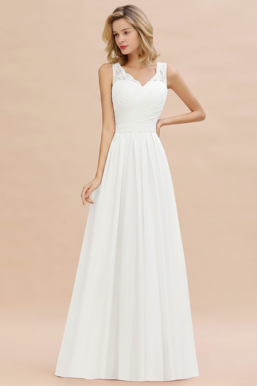 Modest Floral Lace A-line Bridesmaid Dress V-Neck Ruched Chiffon Wedding Guest Dress