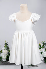 White A-Line Cap Sleeves Flower Girl Dress with Pleated Ruffles