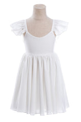 White A-Line Cap Sleeves Flower Girl Dress with Pleated Ruffles