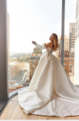 White A-Line Long Wedding Dress with Sequins and Beaded Appliques