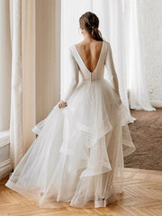 White A-Line Wedding Dresses Floor-Length Long Sleeves Tiered V-Neck Natural Waist Floor Length Bridal Gowns
