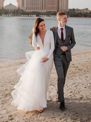 White A-Line Wedding Dresses Floor-Length Long Sleeves Tiered V-Neck Natural Waist Floor Length Bridal Gowns
