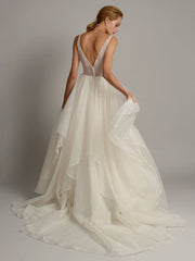 White A-Line Wedding Dresses Sleeveless Tiered V-Neck Long Bridal Dresses