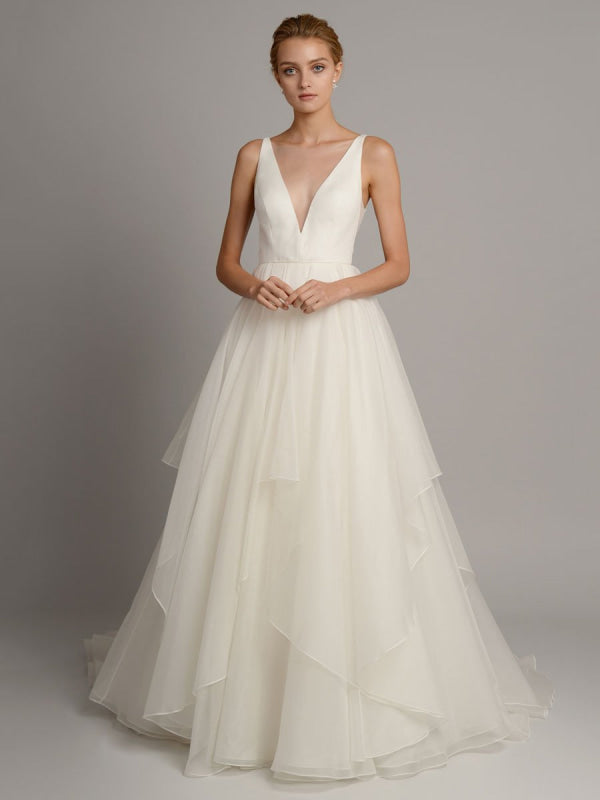 White A-Line Wedding Dresses Sleeveless Tiered V-Neck Long Bridal Dresses