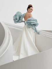 White A-Line Wedding Dresses With Train Sleeveless Pockets Strapless Backless Satin Fabric Bridal Dresses