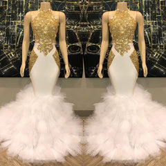 White And Gold Halter Sleeveless Appliques Ruffles Prom Dress