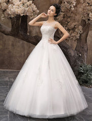 White Ball Gown Jewel Neck Beading Floor-Length Bridal Wedding Dress