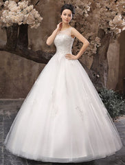 White Ball Gown Jewel Neck Beading Floor-Length Bridal Wedding Dress