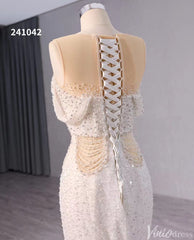 White Beaded Pearl Mermaid Wedding Gown Boat Neck Bridal Dress 241042