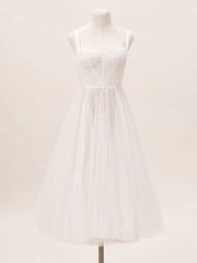 White Short Bridal Dress A-Line Sweetheart Pearls Tea Length Wedding Dress Spaghetti Straps