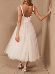 White Short Bridal Dress A-Line Sweetheart Pearls Tea Length Wedding Dress Spaghetti Straps
