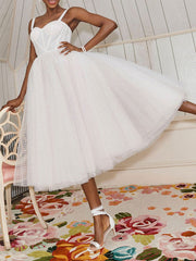 White Short Bridal Dress A-Line Sweetheart Pearls Tea Length Wedding Dress Spaghetti Straps