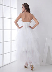 White Classic Strapless Satin High Low Wedding Dress Off Shoulder