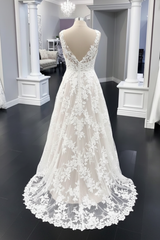White Floral Lace Wedding Dress A Line V Neck Bridal Dress Sleeveless
