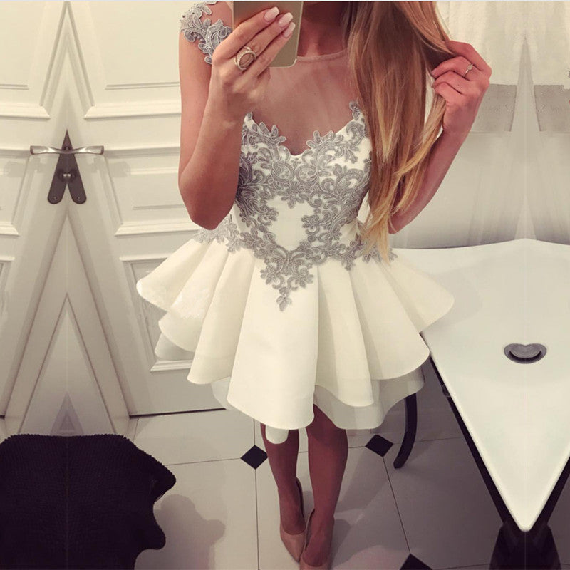 Short Gray Lace Appliques Scoop Neckline Ruffle Satin Homecoming Dresses