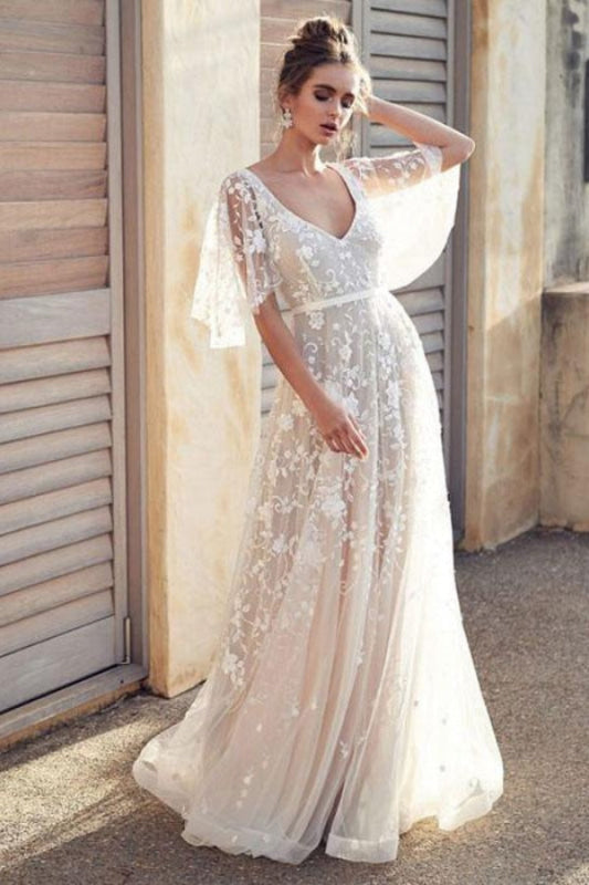 White Lace Wedding Dress V Neck A-Line Wedding Dress Short Sleeves Backless Bridal Dresses