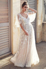 White Lace Wedding Dress V Neck A-Line Wedding Dress Short Sleeves Backless Bridal Dresses