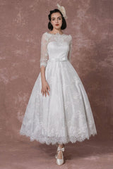 Vintage Champagne Lace Wedding Dress Bateau Neck Half Sleeve Tea Length Bridal Gown