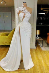 White Mermaid Evening Dress Front Split with Long Sleeves