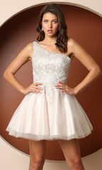 Short White Beaded One-Shoulder Homecoming Dress