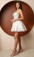 Short White Beaded One-Shoulder Homecoming Dress