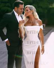 White Off-the-Shoulder Satin Prom Dress Ruffle with High Slit