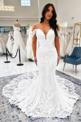Off-the-Shoulder Sweetheart Ivory Lace Wedding Dress Mermaid Bridal Gown