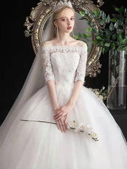 White Off The Shoulder Wedding Dresses Half Sleeves Ball Gown Tulle Lace Up Floor Length Bride Dresses
