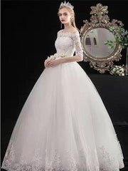 White Off The Shoulder Wedding Dresses Half Sleeves Ball Gown Tulle Lace Up Floor Length Bride Dresses