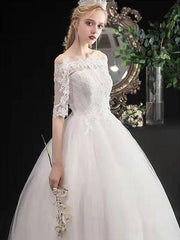 White Off The Shoulder Wedding Dresses Half Sleeves Ball Gown Tulle Lace Up Floor Length Bride Dresses