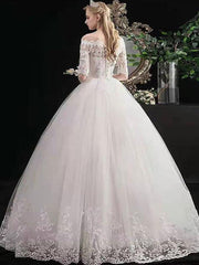 White Off The Shoulder Wedding Dresses Half Sleeves Ball Gown Tulle Lace Up Floor Length Bride Dresses
