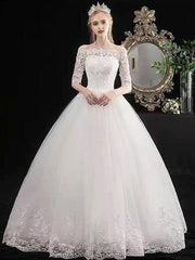 White Off The Shoulder Wedding Dresses Half Sleeves Ball Gown Tulle Lace Up Floor Length Bride Dresses