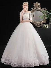 White Off The Shoulder Wedding Dresses Half Sleeves Ball Gown Tulle Lace Up Floor Length Bride Dresses