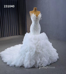 White Pearl Mermaid Wedding Dresses Tiered Strapless Pageant Dress 231040