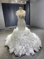 White Pearl Mermaid Wedding Dresses Tiered Strapless Pageant Dress 231040